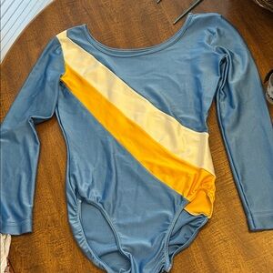 long-sleeved leotard with a blue body and a diagonal yellow and white stripe